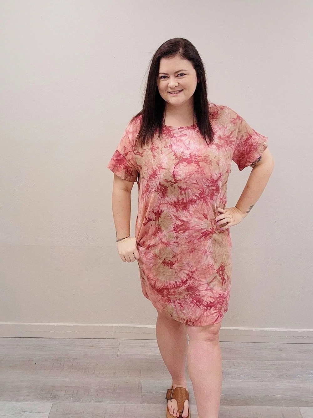 For Cynthia Pink Linen Blend Tie-Dye Shift Dress - Size Large